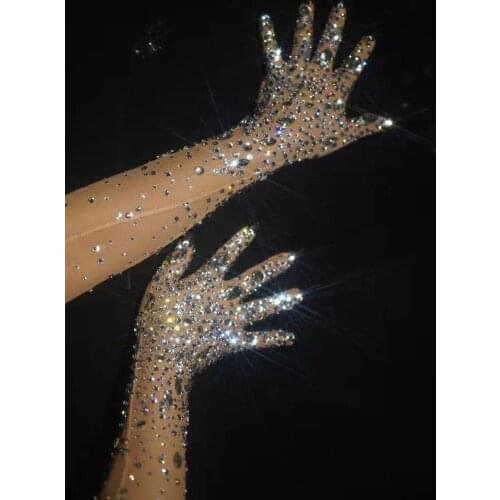 Sparkling wedding party Rhinestone gloves women prom Crystal Mesh Perspective Long Gloves club singer dancer Stage Accessories