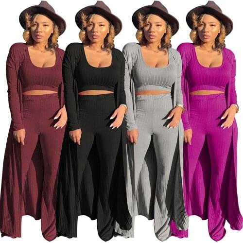 Echoine Women Sexy 3 Pieces Set Cardigans Tracksuit Women Ribbed Knit Crop Top And Pants Set 2 Piece Sets Women Boadycon Outfits