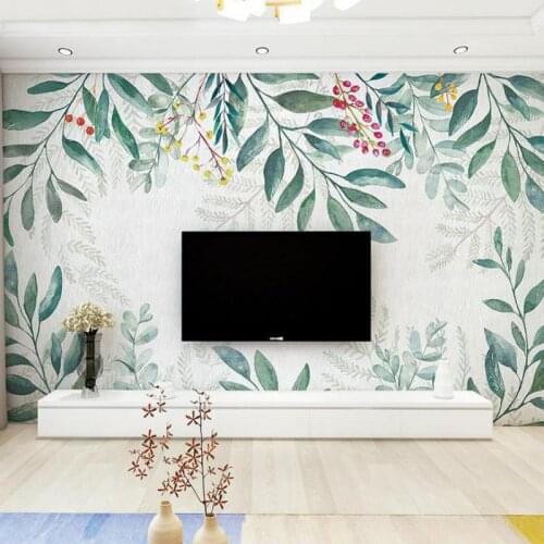 Custom size European living room bedroom TV background wall hand-painted plants and flowers green mural wallpaper PVC silk