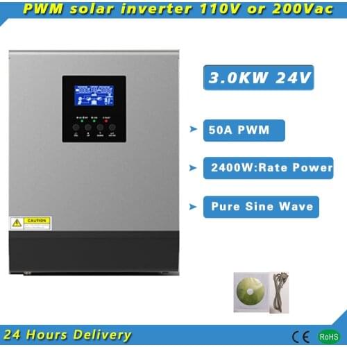 110V 3000W 24V Hybrid Solar Inverter PWM 50A Controller Pure Sine Wave Computer Monitor PV 120-500vdc