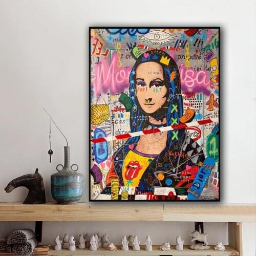 Funny Mona Lisa Canvas Painting Graffiti Art Portrait Posters and Prints Quadros Wall Art Picture for Living Room Decor Cuadros