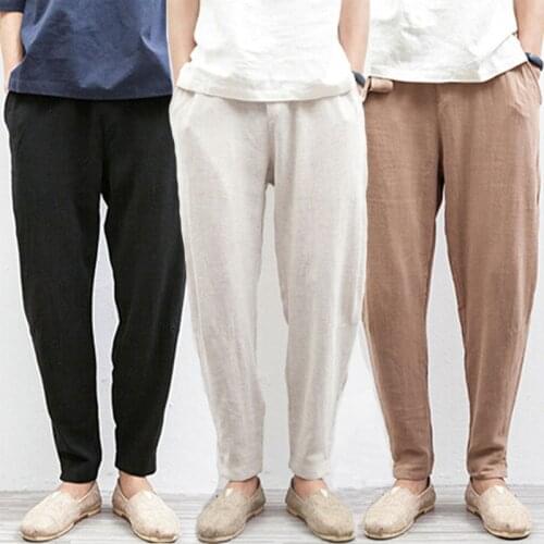 Chinese Traditional Male Beach Flax Hemp Loose Drawstring Trousers Summer Jogger Linen Pants Men Plus Size 5XL Black Beige Cream