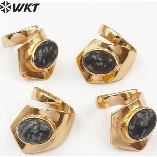 WT-R307 Natural Oval Shape Snow Flake Stone Ring With Gold Electroplated Special Design Women Jewelry Ring Can Adjust