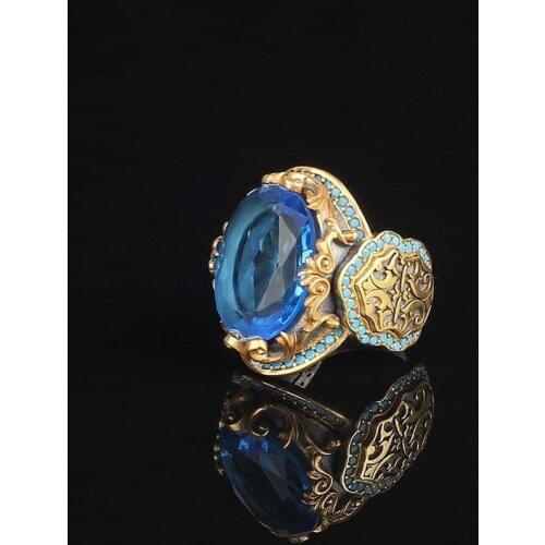 High Quality Two-tone Blue Stone Ring for Women Vintage Jewelry Carved Pattern Gold-plated Rhinestone Ring Luxury Gift