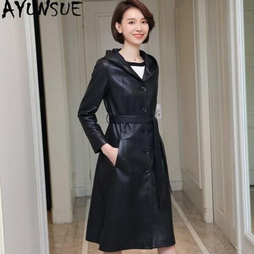 AYUNSUE 100% Real Sheepskin Coat Female Genuine Leather Jacket Long Trench Coats and Jackets Women Hooded Korean Outwear MY3709