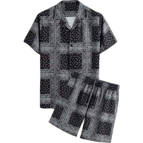 Men Shirts Ethnic Printed Holiday Casual Short Sleeve Shirt + Shorts Mens Hawaiana Hombre Two Pieces Outfits