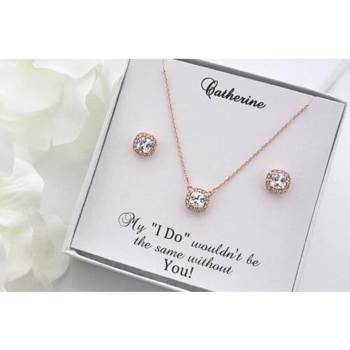 Custom Wedding Jewelry Set, Bridal Earrings + Necklace, maid of honor Crystal Cushion Stud Earrings, Bridesmaid Gift Set