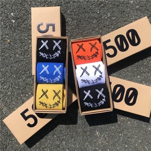 2021 New Clown Socks Man Fashion Crew Sports Funny Face Embroidery Trend Hip Hop Cotton Socks 3 Pairs/box