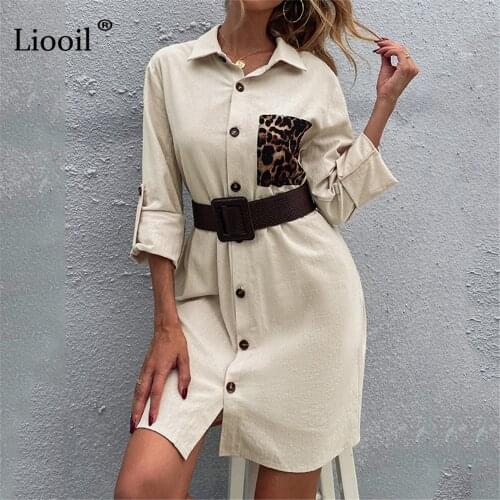 Liooil Long Sleeve Shirt Dress Button Up Turn Down Collar Casual Dresses For Women 2021 Autumn Office Ladies Short Dress