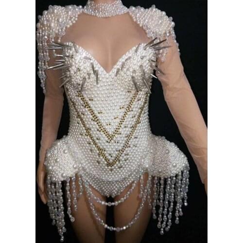 African Dresses For Women Female Singer Presides White Pearl Rivet Show Skinny Stretch Jumpsuit Shorts Stage Dress Women VDB993