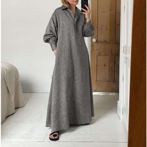 Casual Women Dress Vintage Solid Turn Down Neck Pleated Kaftan Robe VONDA Long Sleeve Maxi Dresses Loose Bohemian Vestidos