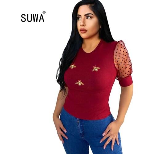 See throught mesh short sleeve knit summer t shirt clothes 2020 newest classic round collar sheath BM style tops female