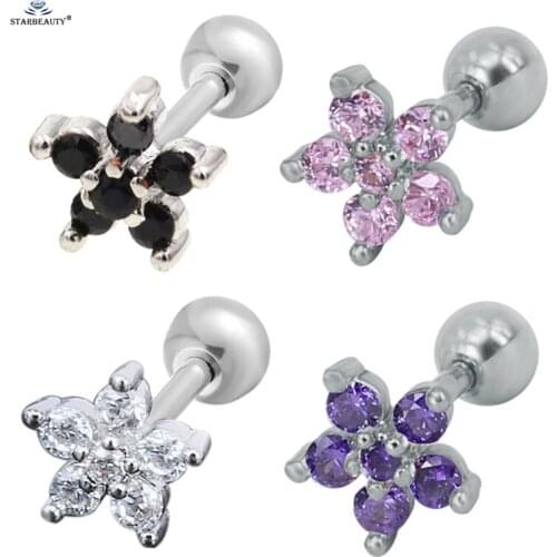 2 pcs/lot 16G 1.2x6mm Six Bijoux Flower Tragus Ear Piercing Oreja White Gem Star Helix Piercing Cartilage Earrings Studs Jewelry