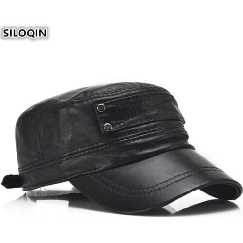 SILOQIN Men Army Military Hats Genuine Leather Hat Mens Flat Caps 2020 New Sheepskin Leather Cap Adjustable Size Men Brands Cap