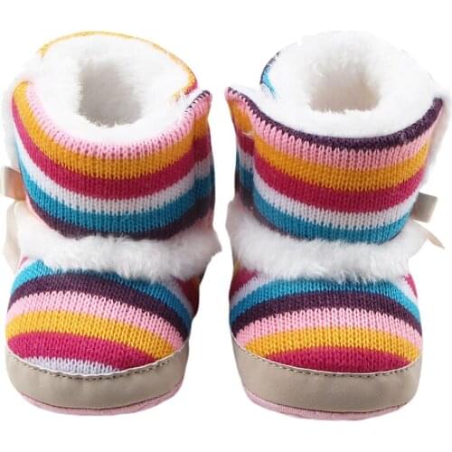 Winter Warm Newborn Toddler Boots Rainbow Stripe Plush First Walkers baby Girls Anti-slip Soft Sole Fur Snow Booties for 0-18M