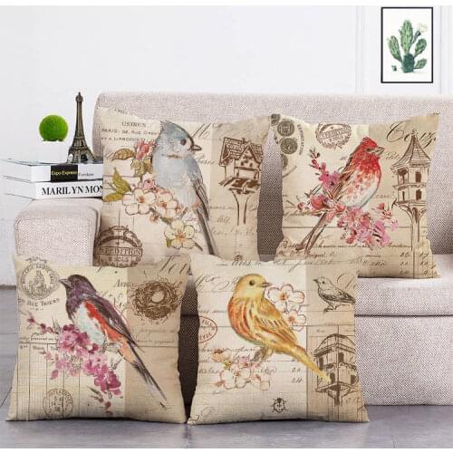 Vintage Style Decorative Throw Pillows Case Retro Flowers Birds Linen Throw Pillow Home Decoration Decorative Pillowcase T344