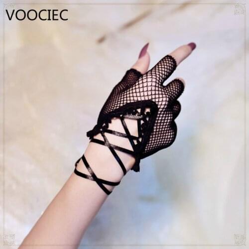 VOOCIEC fishnet mesh lace wrist band fingerless glove mitt sexy batcave goth punk rock lolita harajuku stage party costume