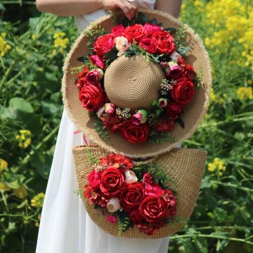 Womens handbag Weave Rattan bag women straw bag large capacity Artificial flowers beach sun hat 2020 new design travel bag set