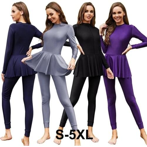 Women Muslim Swimsuit Swimwear Two-Pieces Set Print Moslem Maillot De Bain Femme Plus Size Whole Black Long Sleeve -40