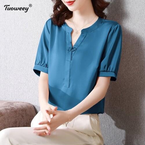 2021 Fashion solid Chiffon OL Blouse Women Shirt Short Sleeve Plus Size Summer Women Tops Blusas Embroidery Womens Clothing