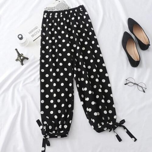 Abrini 2021 Autumn And Winter Wide-Leg Pants Womens Polka Dot Belt Wide Loose Elastic Waist Pants Plus Size Striped Trousers