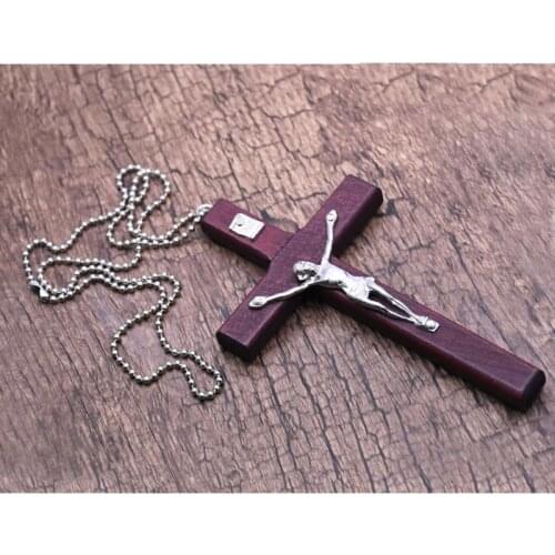 Wooden Religious Jesus Cross Necklace Christian Crucifix Pendent Chain Jewelry 37MF
