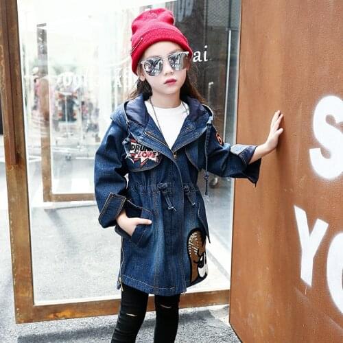 Denim Windbreaker Jackets for Girl Spring Hooded Embroidery Sequined Outewear Jeans Jacket Children Kids Long Coat Clothing