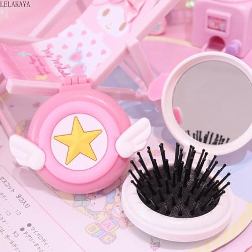 2 Colors Anime Card Captor Sakura Action Figure Printed Mini Portable Foldable Mirror Comb Cute Cartoon Girls Makeup Hair Brush