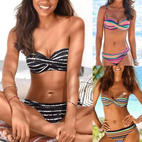 Fantastic Women Swimsuits Boho Stripes Beachwear Halter Bodysuit Push Up Bandeau Bikini Set Two Piece Swimsuits Bather Swimwear