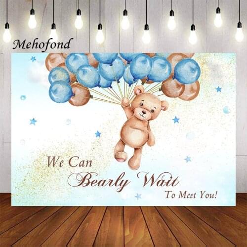 Mehofon Bear Baby Shower Photography Background We Can Bearly Wait to Meet You Blue Balloon Birthday Party Backdrop Photo Studio