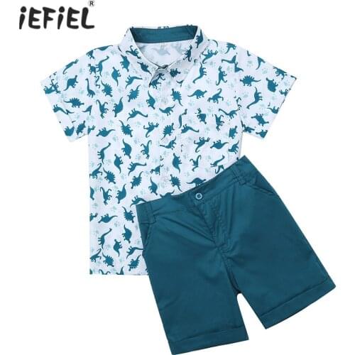2 Pieces Set Boys Summer Outfit Short Sleeve Dinosaur Print Pattern Shirt with Elastic Waistband Shorts Casual Set Kids Costume