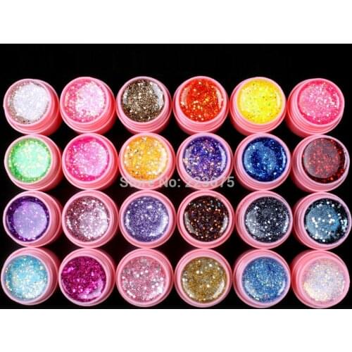Hot DIY Professional 24 Pcs Mix Color Glitter Hexagon Sheet Nail Art UV Builder Gel for Tips white pot Set