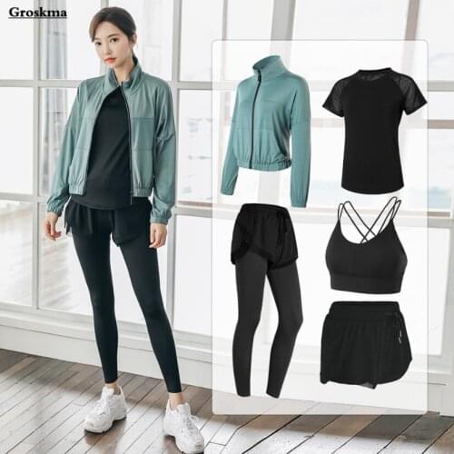 4/5 Piece set women yoga coats+bra+t shirt+pants+shorts fitness gym quick dry outdoor running suits sets sportswear clothing