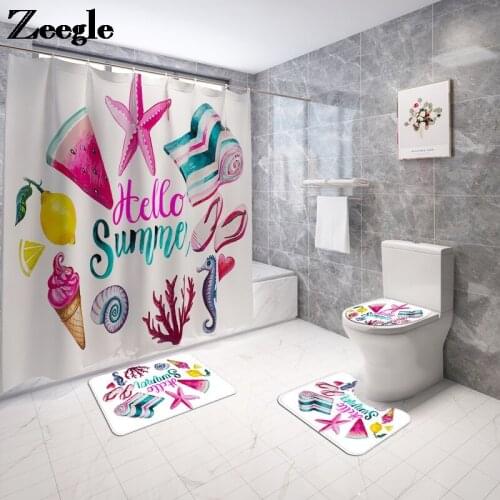 Colorful Summer Style Bath Mat and Shower Curtain Set Toilet Rug Shower Room Non Slip Foot Mat Microfiber U-Shaped Bathroom Set