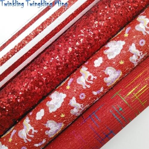 Red Christmas Glitter leather, Unicorn and Stripes Printed Glitter Fabric Leather For Bow 21x29CM Twinkling Ming KM309