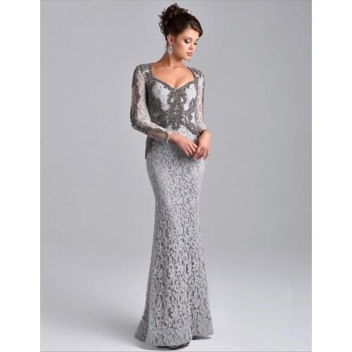 Silver Beaded Mother Of The Bride Dresses Modest Long Sleeves Lace Mothers Dresses Formal Party Evening Gowns With Crystal