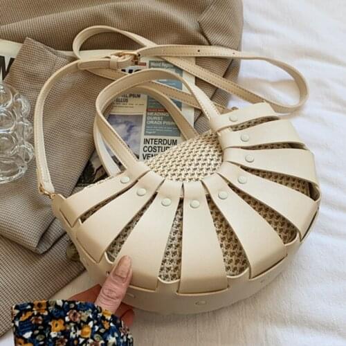 Summer New Women Handbag Semicircle Design Small Tote Bags Beach Woven Shoulder Crossbody Bag Female Travel PU Handbags