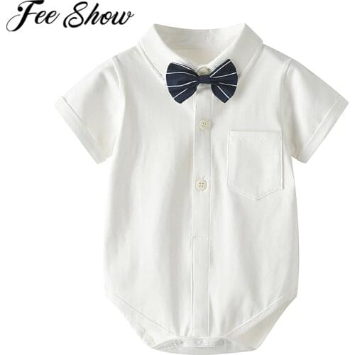 Infant Baby Boy Formal Gentleman Bowtie Shirt White Baptism Newborn Wedding Party Clothes Baby Short Sleeve Body Jumpsuit Romper