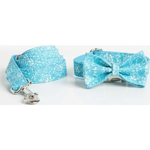 Personalized Blue Dog Collar Leash With Bow Tie Set Free Engraved Nameplate For Small Medium Large Dog