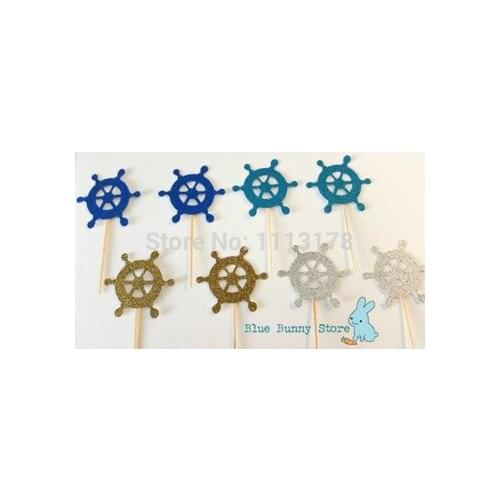 Pirate Ship Steering Wheel Nautical Glitter Cupcake Toppers Food Picks Bachelorette Wedding Bridal Engagement Party decorations