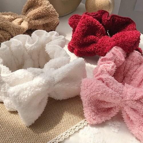 New Headbands for Women Girls Bow Wash Face Red White Turban Makeup Elastic Solid Color Hair Bands Coral Fleece Hair Accessories