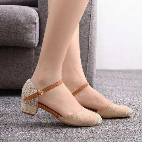 Beige Black Gladiator Sandals Summer Office Low Heels Woman Buckle Strap Pumps Casual Lady Shoes