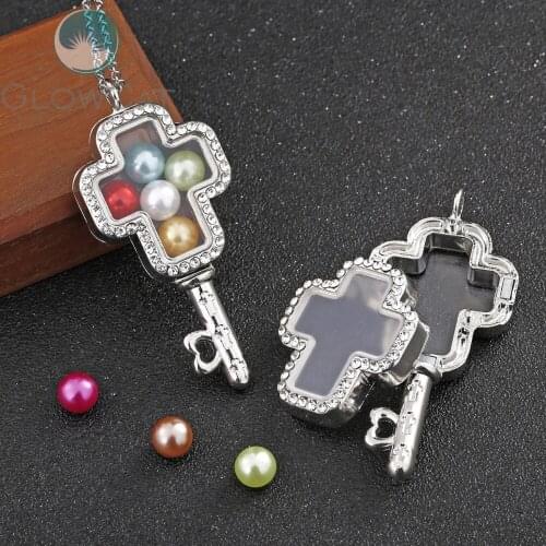 Silver Cross Key Can open Locket Rhinestone Necklace Beads Pearl Memory Photo Glass Locket Pendant Necklace
