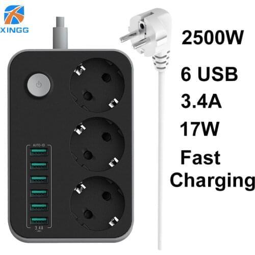 EU RUSSIAN Plug Electric Power Strip Switch 3 Outlets 6 Fast Charging USB Ports Extension Socket 1.5M Cord Cable Surge Protector