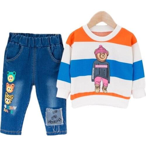 Boys and Girls Versatile Cute Cartoon Stripe Bear Children Spring and Autumn Pullover Sweater Two Long Sleeve Jeans 12 3 4 Ages