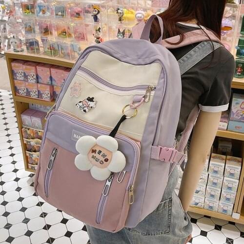 New Contrast Color Waterproof Nylon Women Backpack Multi-Pocket Travel Rucksack Female Knapsack Schoolbag For Teenage Girl