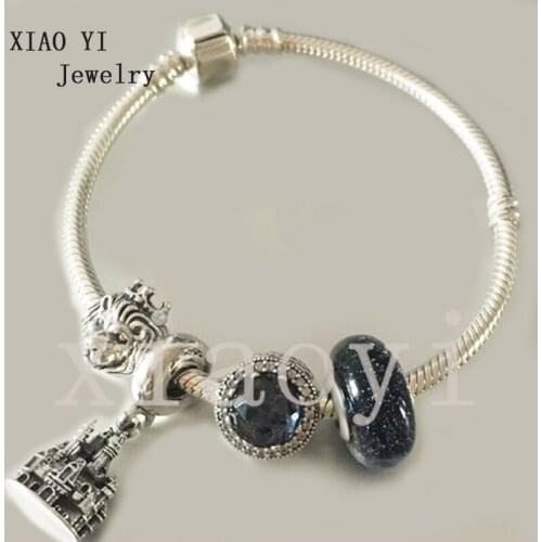 XIAOYI 2020 new 100% s925 Blue glazed cat eyes crown lion Castle personality DIY popular snake bone Bracelet female