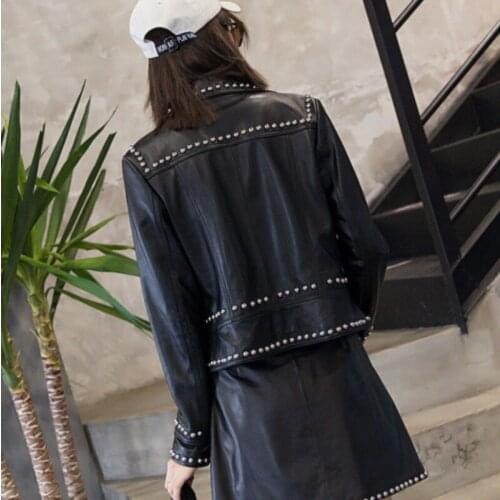 Fashion Women Punk Style Rivets Sheepskin Genuine Leather Jacket Studded 2020 Spring Slim Fit Short Leather Coat Motor Jackets