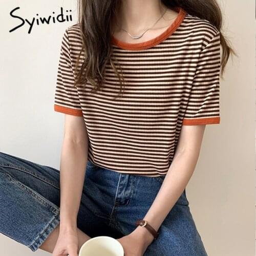 Syiwidii Striped T Shirt for Women O Neck Short Sleeve Korean Fashion Summer 2021 Tshirt Casual Hit Colors Elastic Tops Harajuku