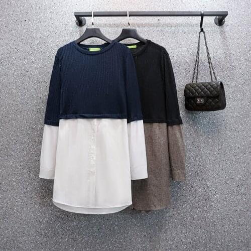 False Two Piece Knitted Stitch Plus Size Korean Autumn Elegant Fashion Blouses And Tops WomenS Oversize Shirt Clothing 2021